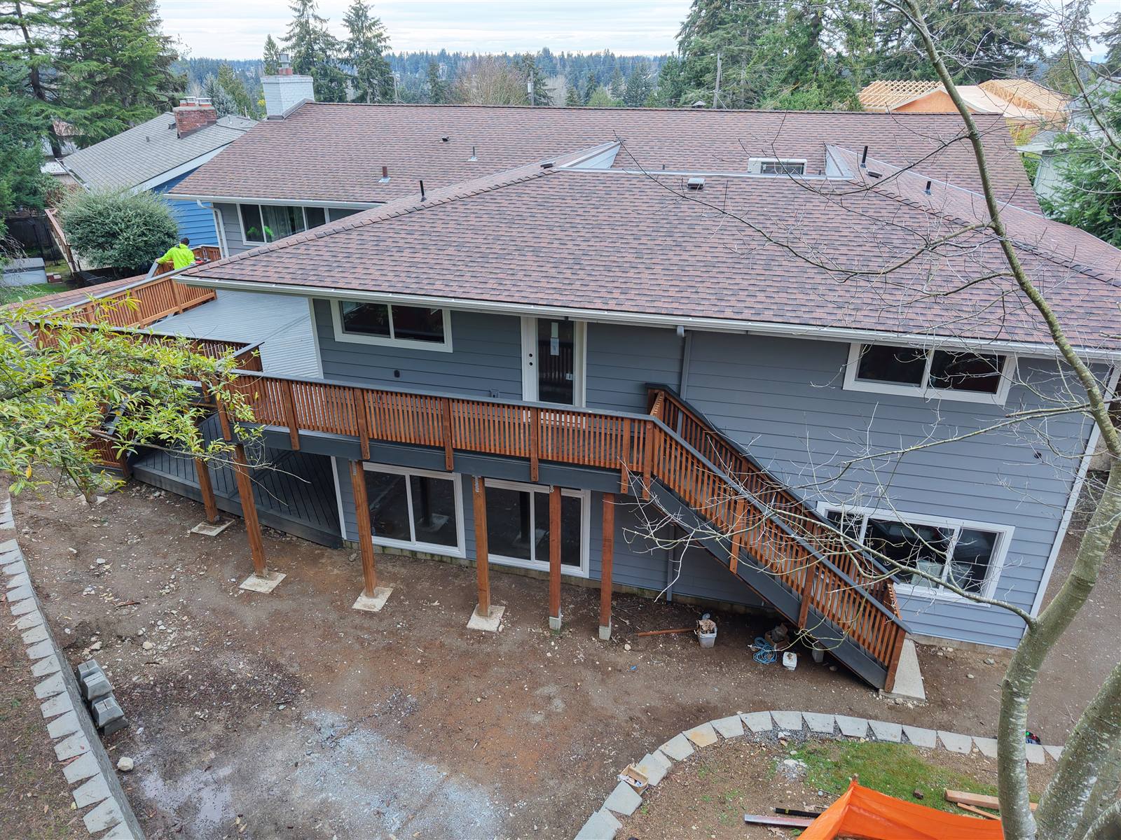 Completed home addition framing with new elevated deck, Seattle area